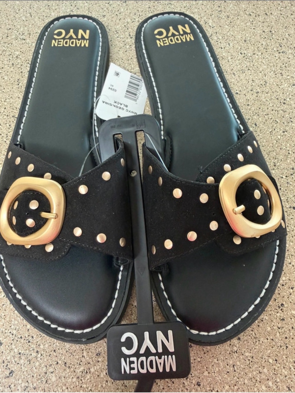 Madden NYC Black Slide Sandals with Gold Buckles